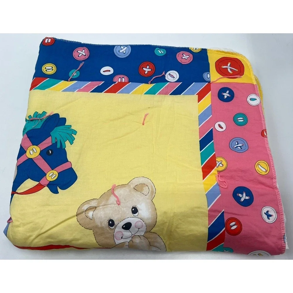 Vintage Baby Blanket Quilt Rocking Horse Teddy Bear Button Yellow Blue